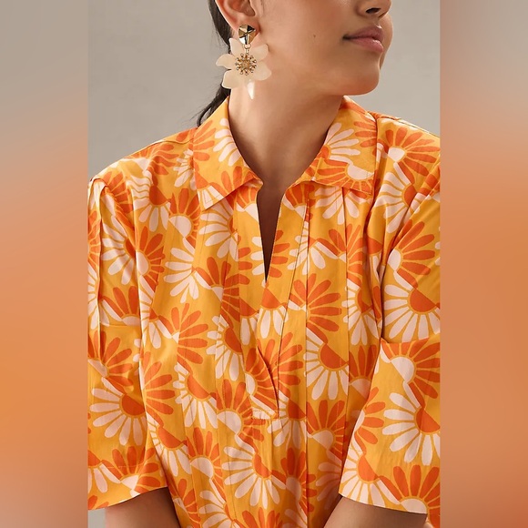 Anthropologie Printed V-Neck Tunic Dress in Orange Floral - Picture 2 of 6